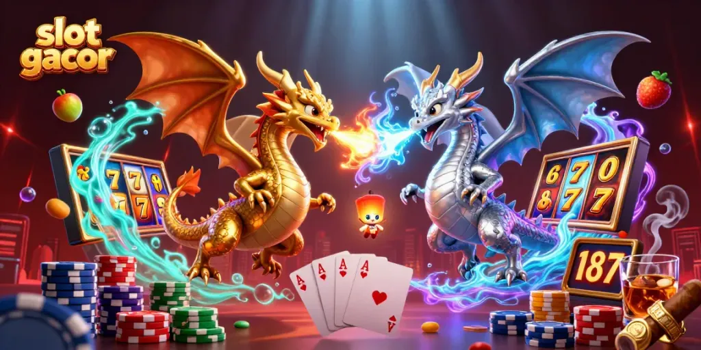 Experience the thrilling action of slot gacor with dynamic dragons and vibrant casino elements.