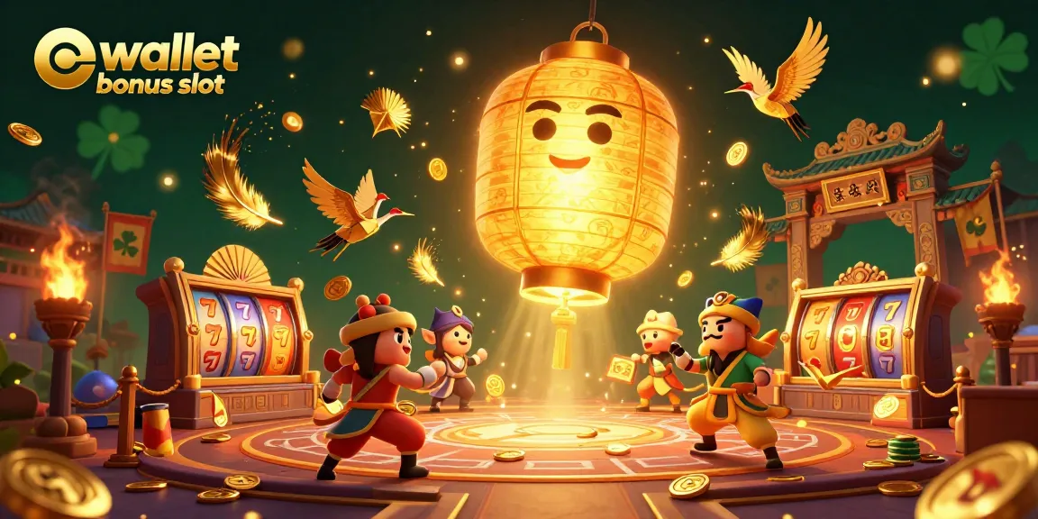 Spin the reels with our vibrant ewallet bonus slot scene featuring golden lanterns and slot elements.