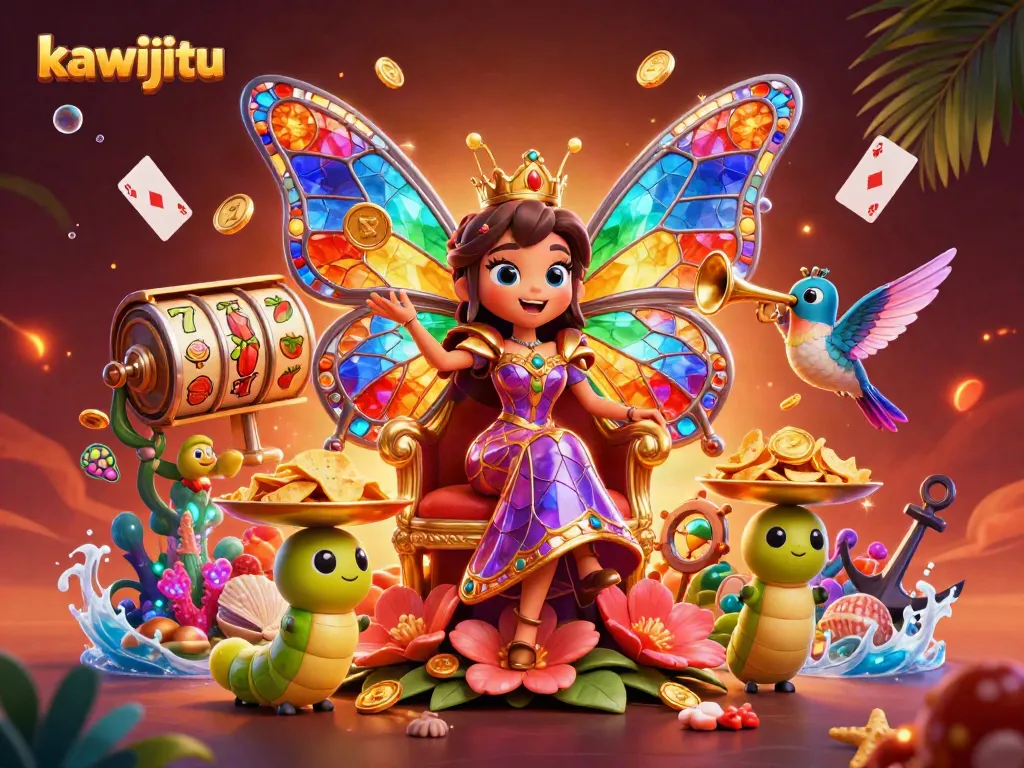Engage in the thrilling world of kawijitu with a vibrant 3D illustration showcasing a butterfly queen amidst slots and treasures.