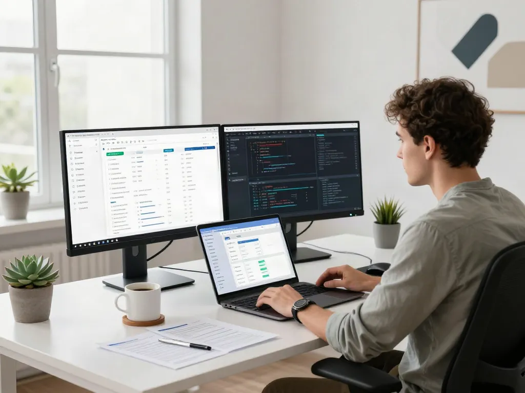 Professional software developer evaluating ALO8APP WIN metrics in a modern workspace.