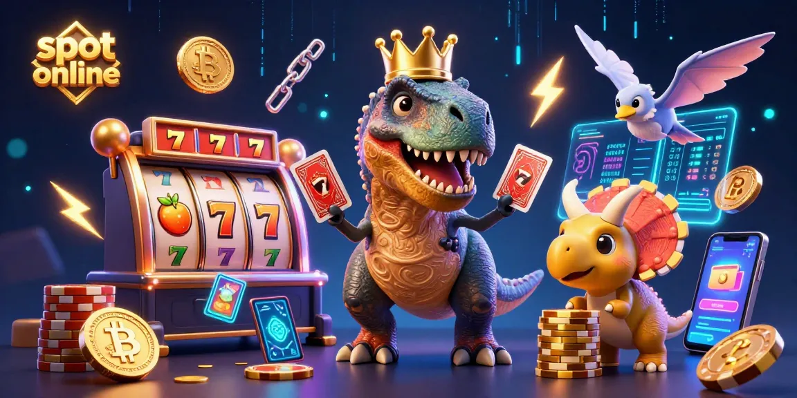Menggulung slot online dengan karakter 3D kartun, T-Rex, dan chip emas yang penuh warna.