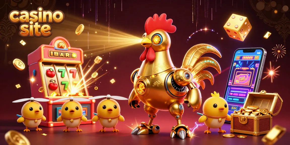 Experience excitement at a top casino site as a golden rooster robot beams and gold coins fly.