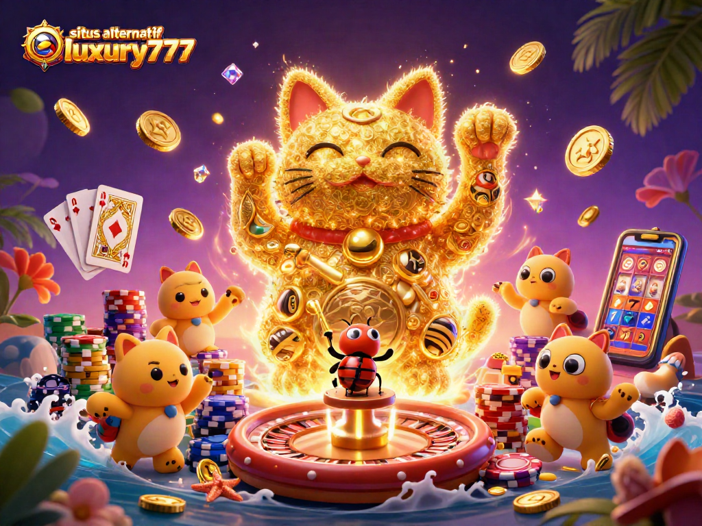 Menggali situs alternatif luxury777 dengan ilustrasi kucing keberuntungan dan simbol kasino berkilau.