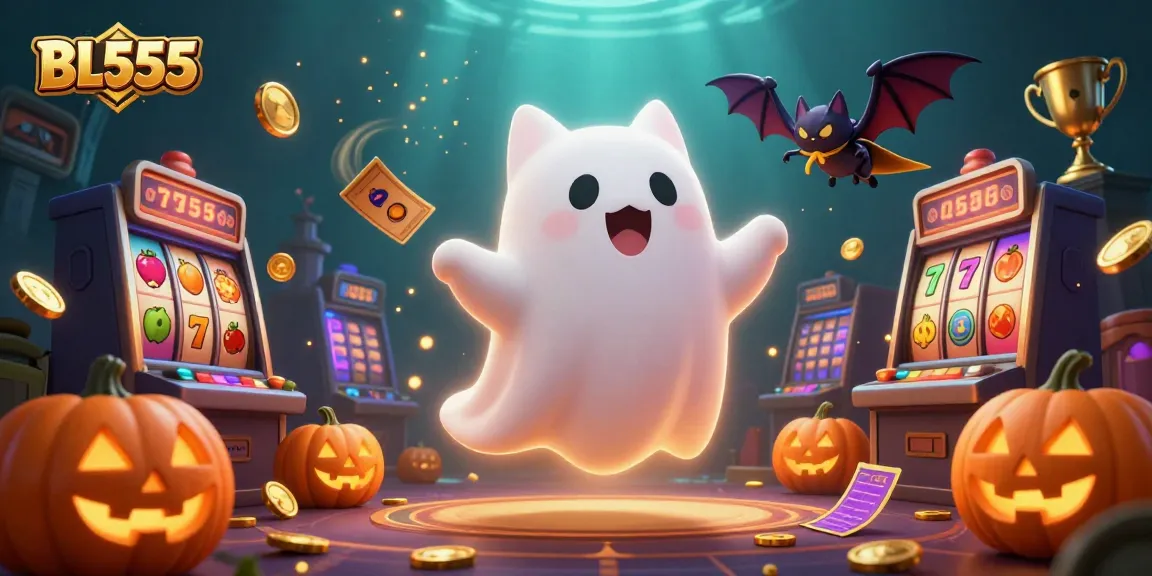 Experience exciting games at BL555's haunted casino with glowing jack-o-lanterns and slot symbols.