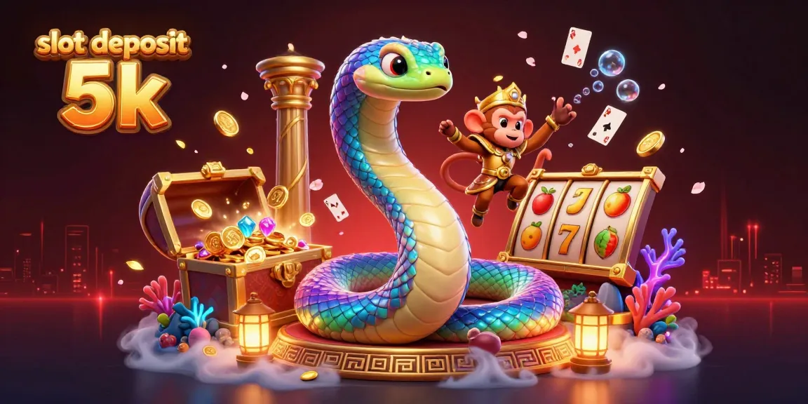 Engage with dynamic slot machines in this vibrant scene featuring slot deposit 5k, treasure chests, and glowing casino elements.
