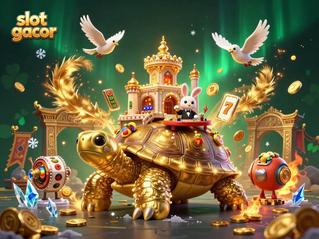 Experience the excitement of slot gacor with a vibrant casino scene featuring a giant tortoise and a rabbit dealer.