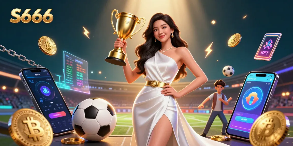 S666 showcases an Asian woman celebrating with a trophy amidst vibrant sports, crypto, and casino elements.