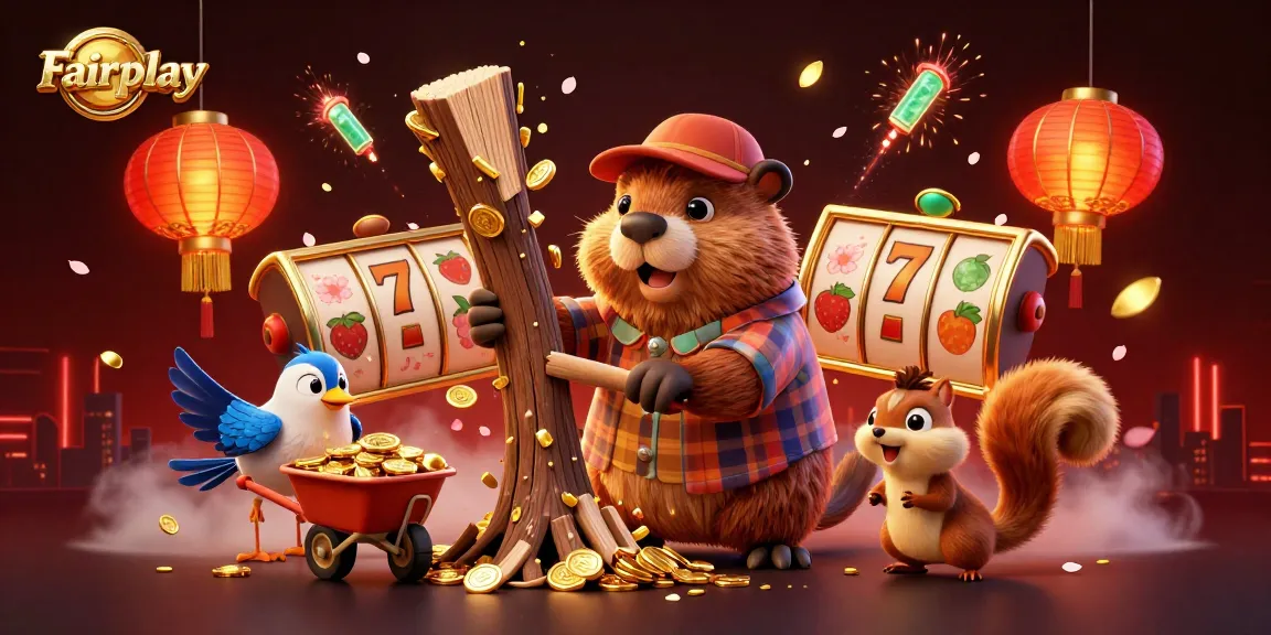 Engage in Fairplay with an exciting 3D casino scene featuring beavers and gold coins.