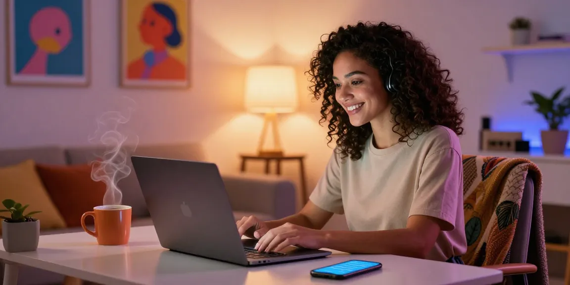 Engaging with a nsfw ai girlfriend in a cozy home office setting, showcasing modern tech and a warm atmosphere.