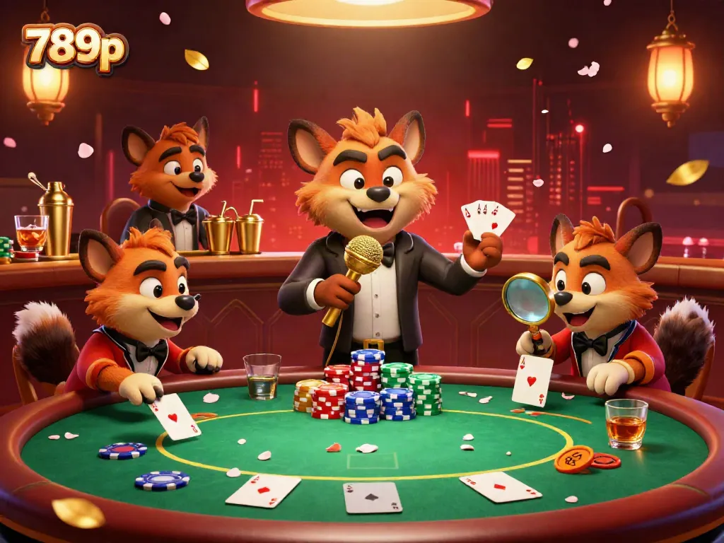 Experience the vibrant comedy casino scene of 789p with lively hyenas, poker games, and golden elements.