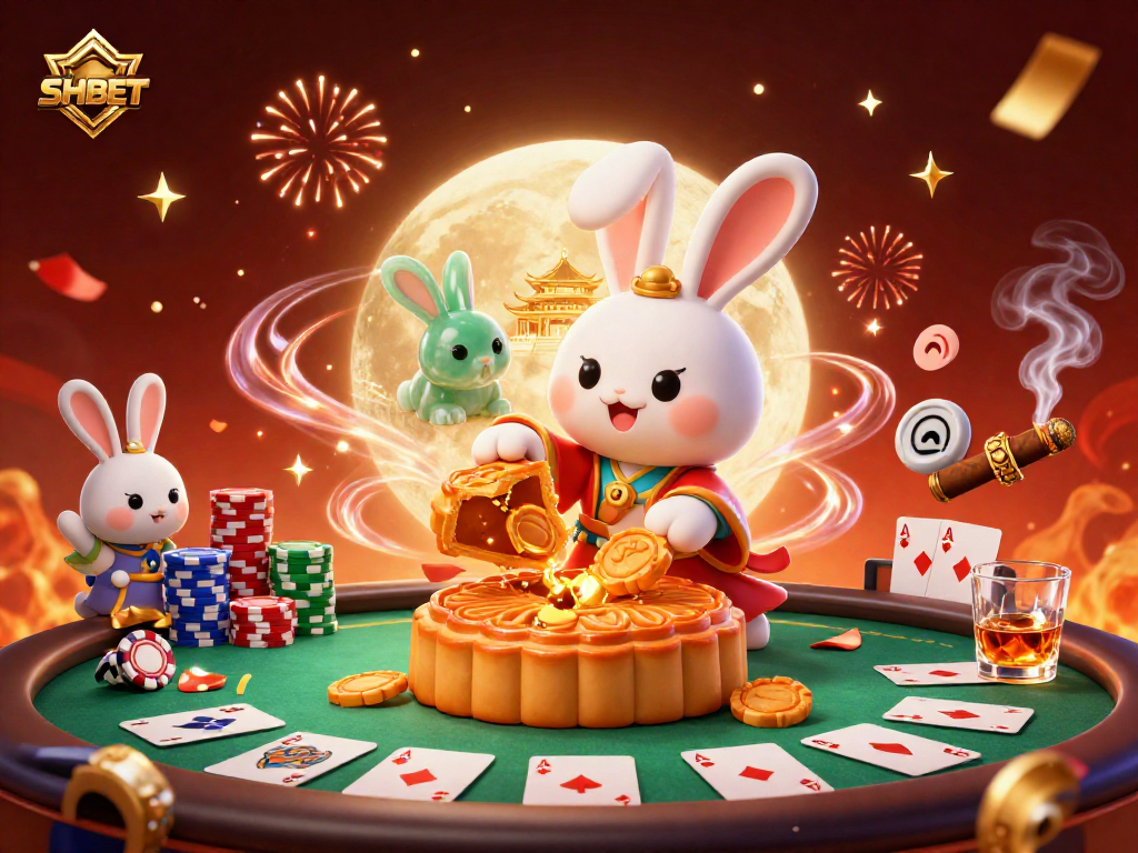 Experience captivating gameplay at SHBET with the moon rabbit symbolizing fortune and poker elements.