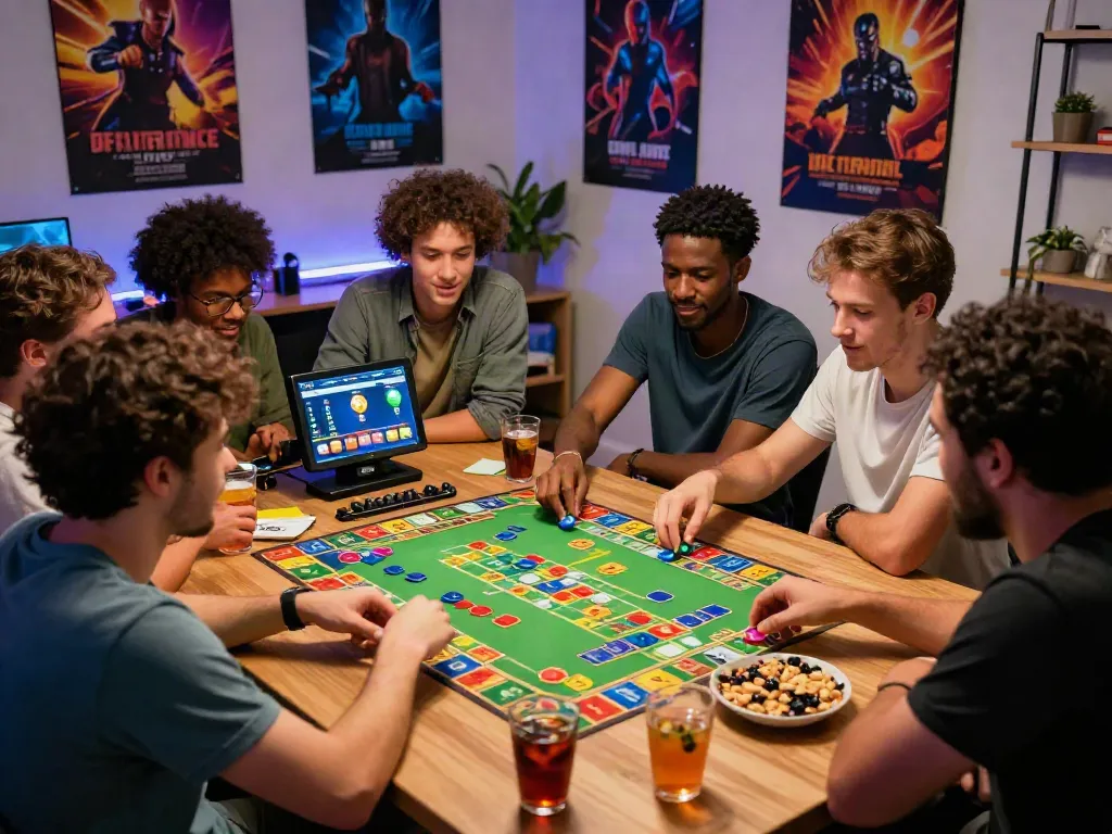 Friends enjoying an unsurtoto game night with colorful game pieces and snacks.