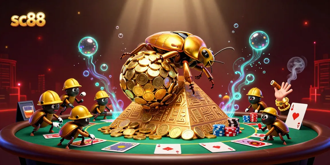 Engaging sc88 gameplay scene with golden dung beetles, poker elements, and dynamic casino atmosphere.
