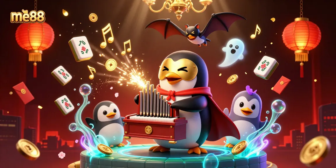 Play thrilling games at me88 with the captivating 3D casino scene featuring golden musical coins.