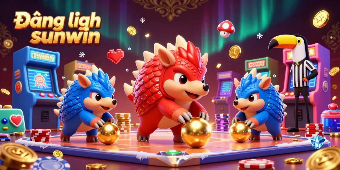 Engage in Đăng nhập sunwin with a vibrant 3D casino scene featuring rival pangolins, poker chips, and game machines.