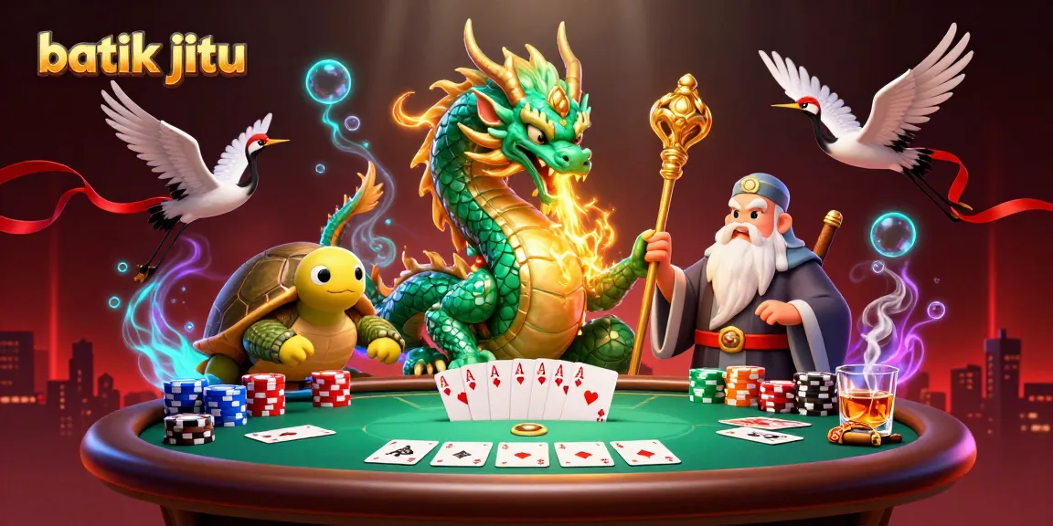 Permainan menarik batik jitu dengan naga hijau dan karakter lainnya di meja poker dengan banyak chip warna-warni.