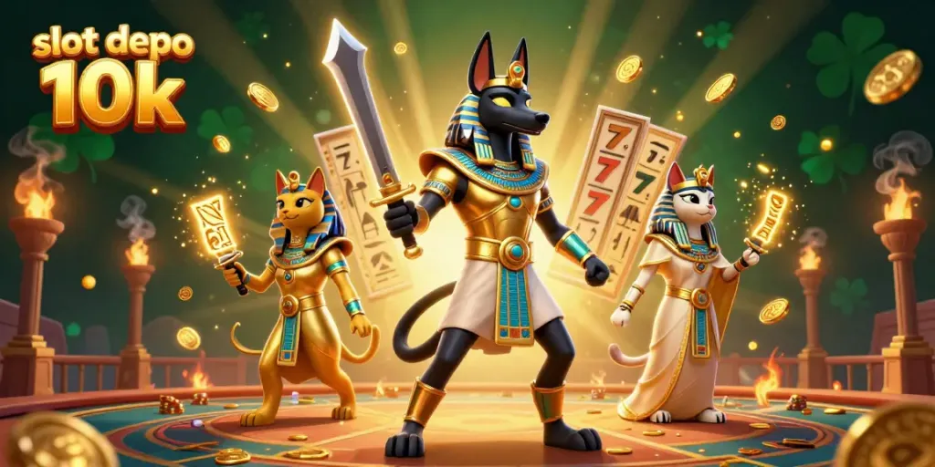 Bermain slot depo 10k dalam suasana megah dengan karakter Anubis dan Bastet di arena perjudian.