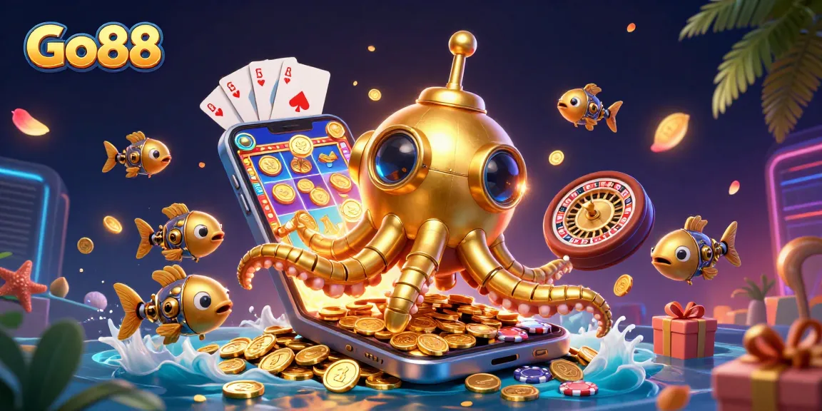 Experience the thrills of Go88 with golden kraken and dynamic game elements in a vibrant 3D casino scene.