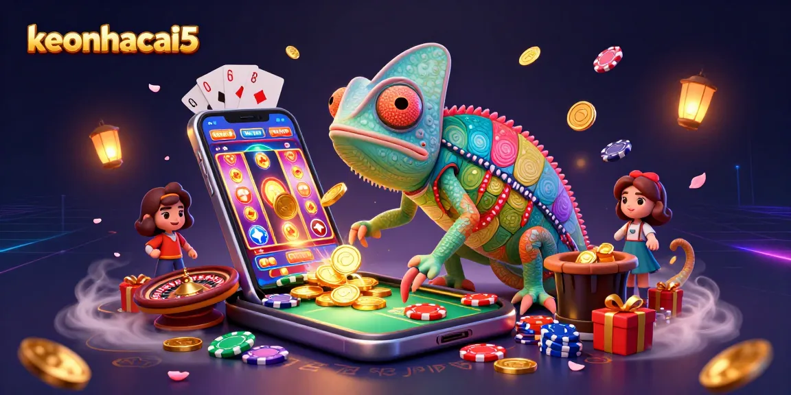 Experience keonhacai5 through a vibrant casino scene featuring a colorful chameleon owner, mobile slot games, and dynamic gambling elements.