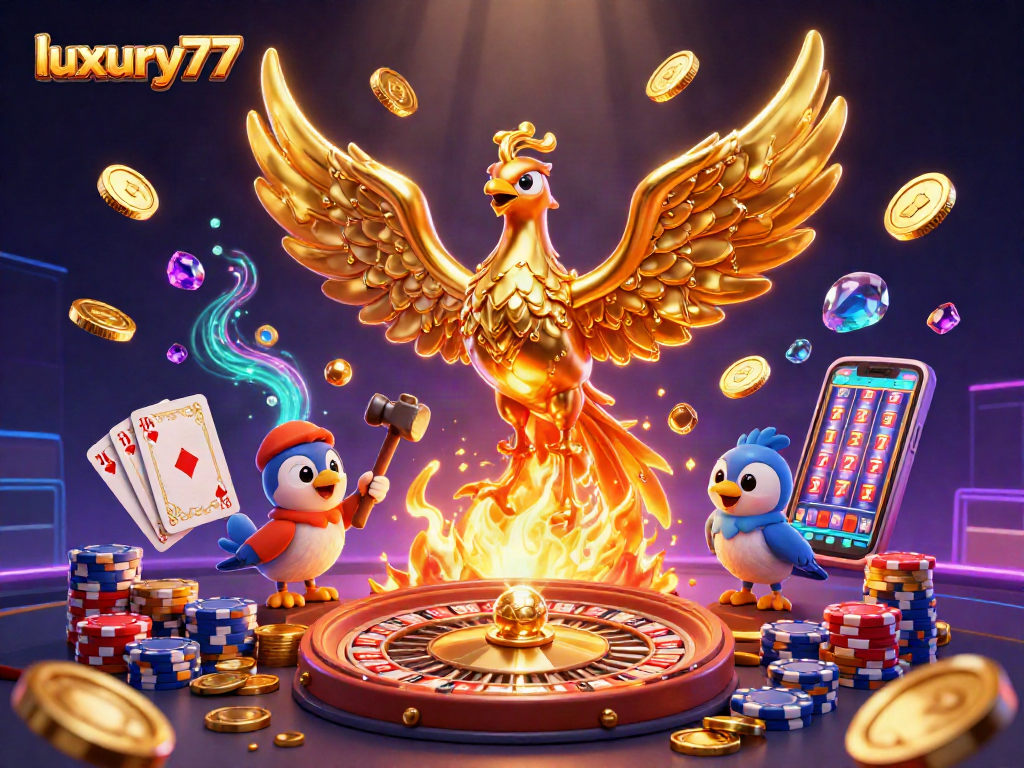 Luxuri777 memperlihatkan phoenix emas 3D dan koin berkilau dalam ilustrasi kasino