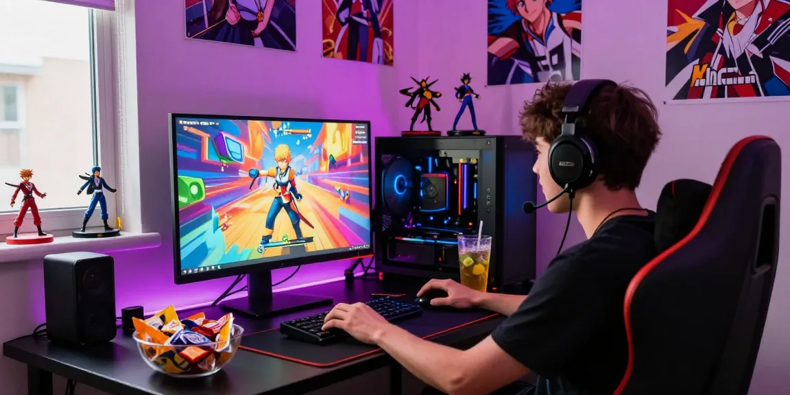 Engaging gamer immersed in a hentai game experience, surrounded by vibrant anime decor and collectibles.