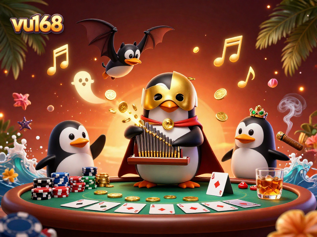 Experience the thrill with vu168 as the phantom penguin produces golden coins in a vibrant casino scene.