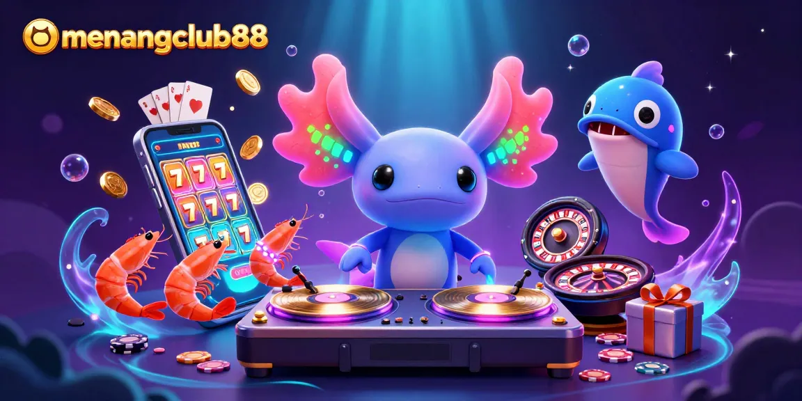 Experience menangclub88 in vibrant 3D, featuring a colorful DJ, dancing shrimp, and a mobile slot game.