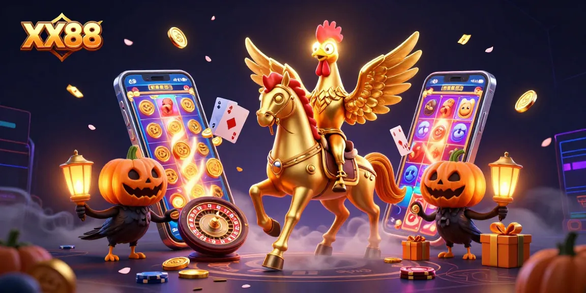 Win big at XX88 with an enchanting casino scene featuring a golden rooster and dynamic gaming elements.