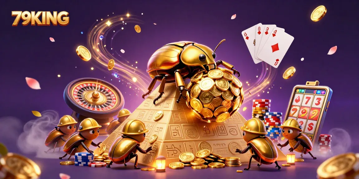 Spin to win with 79KING in this vibrant casino illustration featuring beetles and gold!