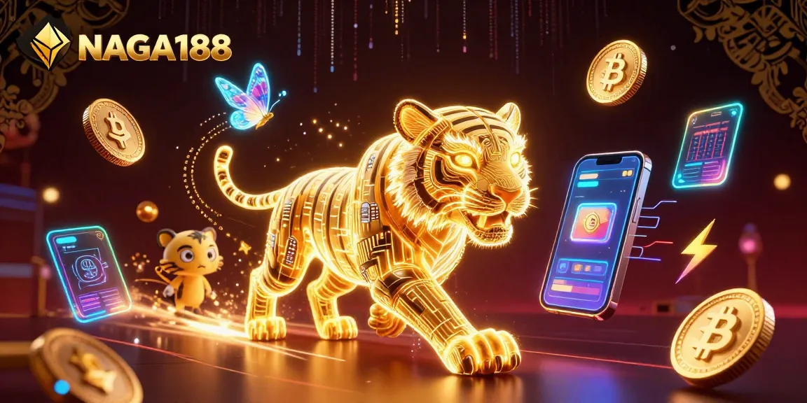 NAGA188 menampilkan tiger neon berenergi cahaya di kasino digital dengan elemen crypto menarik.