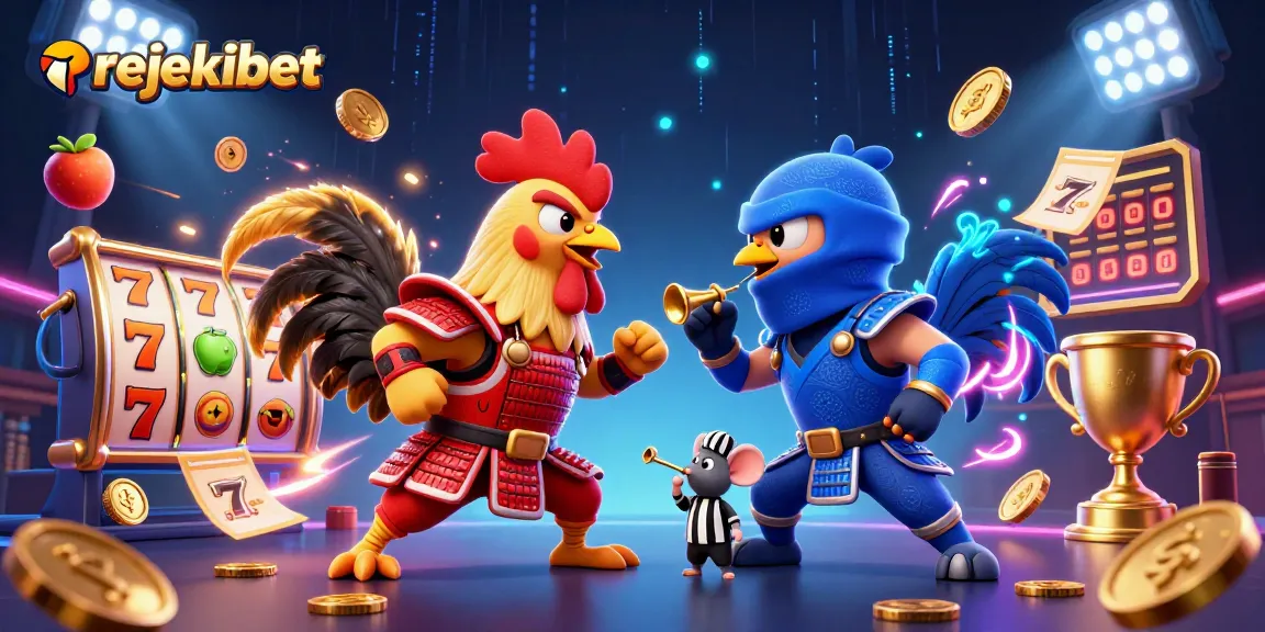 Experience thrilling action with rejekibet as roosters face off while slot reels and jackpots fly around