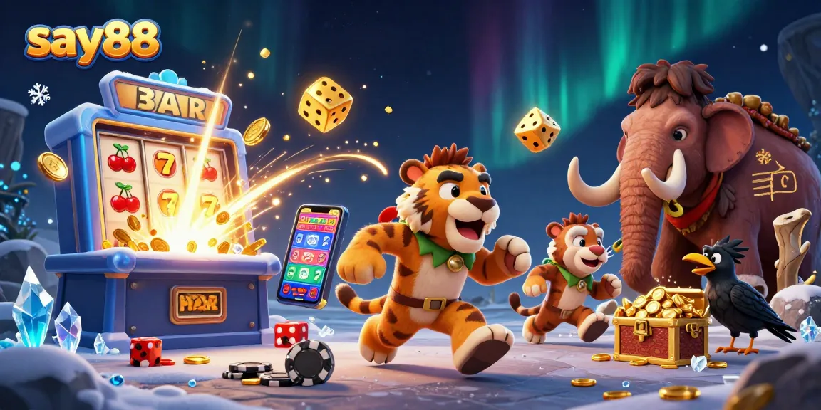 SAY88 brings excitement with a unique gambling experience integrated into a playful prehistoric casino scene.