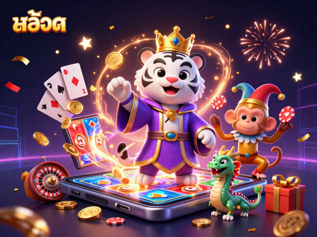 Experience exciting สล็อต action with a lively scene of a white tiger, monkey, and dragon amidst casino games.