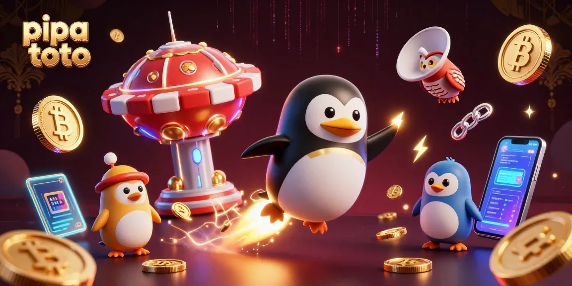 Engage in thrilling pipa toto gameplay with a vibrant 3D illustration featuring a golden penguin navigating a casino!