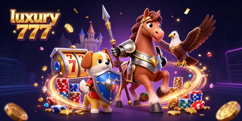Experience luxury 777 with a knight, squire, and falcon in a festive casino scene featuring slots and chips.