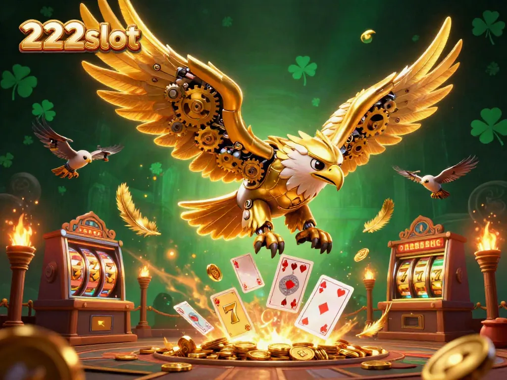 Gambarkan pengalaman bermain di 222slot dengan elang cybernetic yang menarik dan berbagai simbol kasino