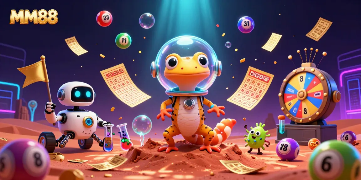 Experience the thrill of MM88 with a Martian gecko discovering a golden casino in vibrant 3D art.