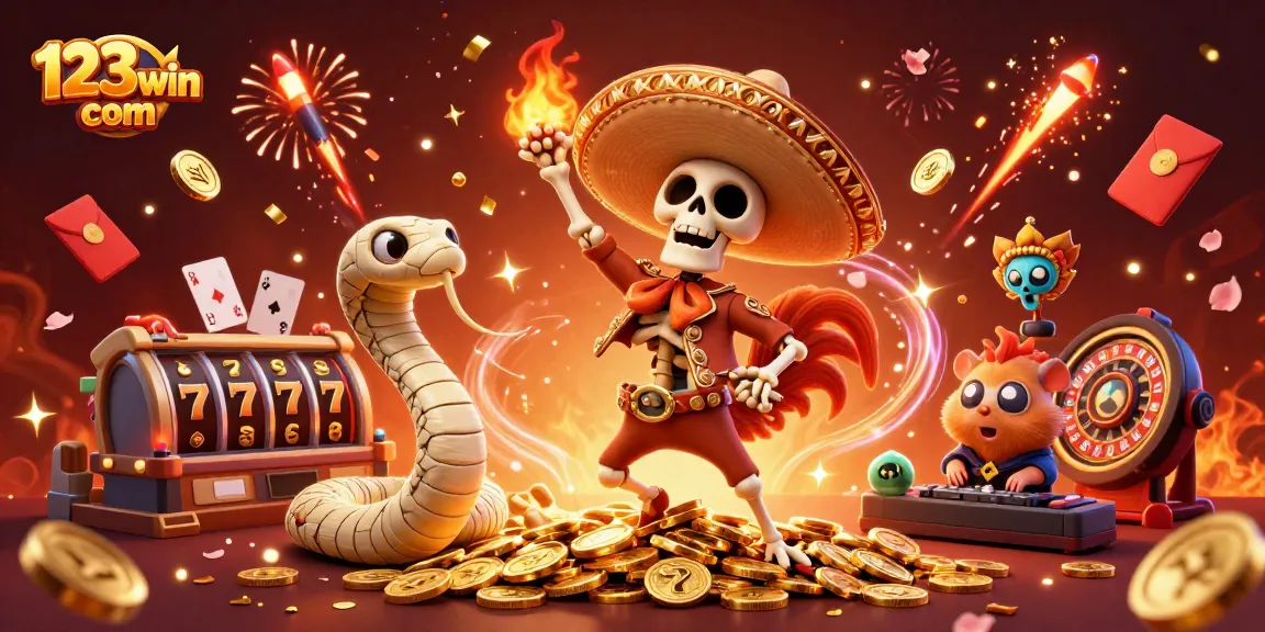 Experience the excitement of 123win com with vivid characters celebrating amidst casino elements.