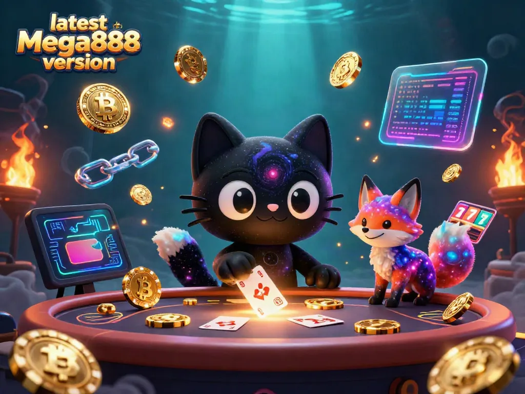Engage with the latest Mega888 version in this vibrant cosmic casino scene featuring a black hole cat.