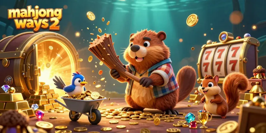 Experience the excitement of Mahjong Ways 2 with a vibrant scene featuring characters collecting coins amidst a treasure vault.