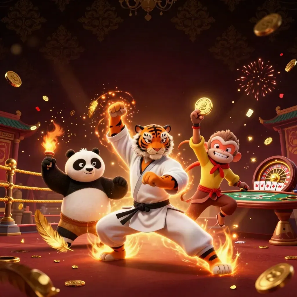 Tiger, panda, and monkey in a casino temple scene with gold effects and neon energy.