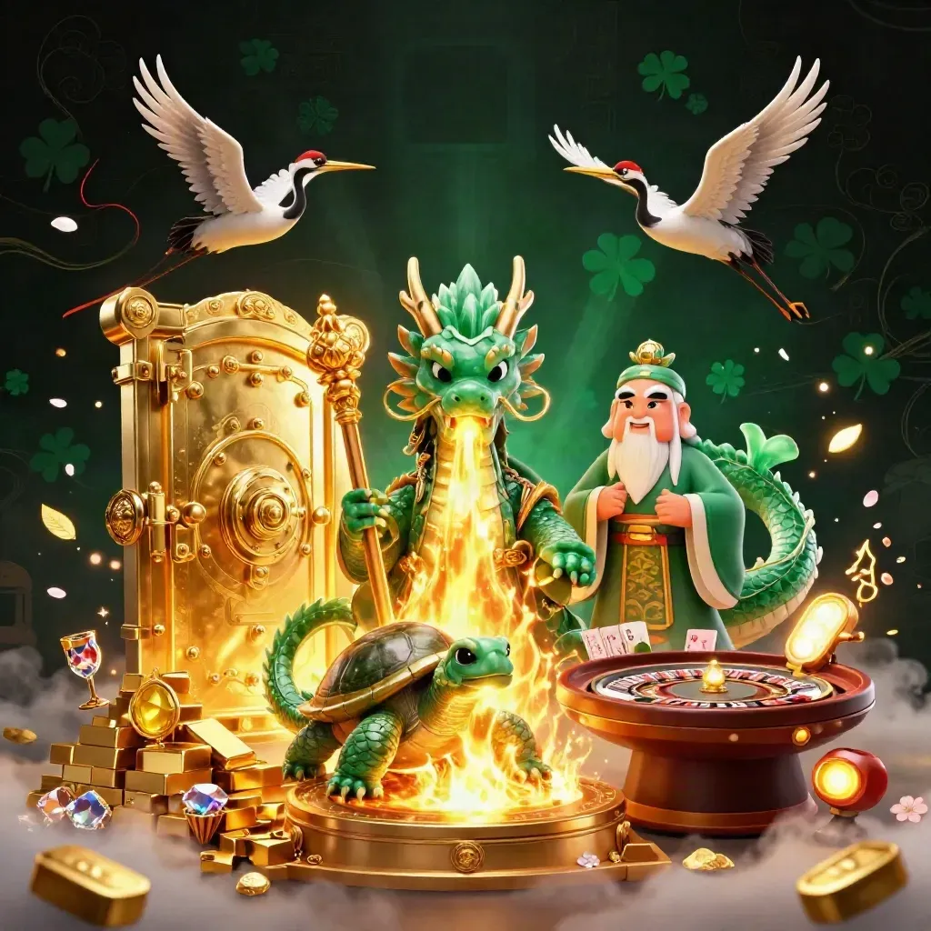 Emerald dragon, turtle sage and cranes amid treasure vaults, casino glow, petals and runes.