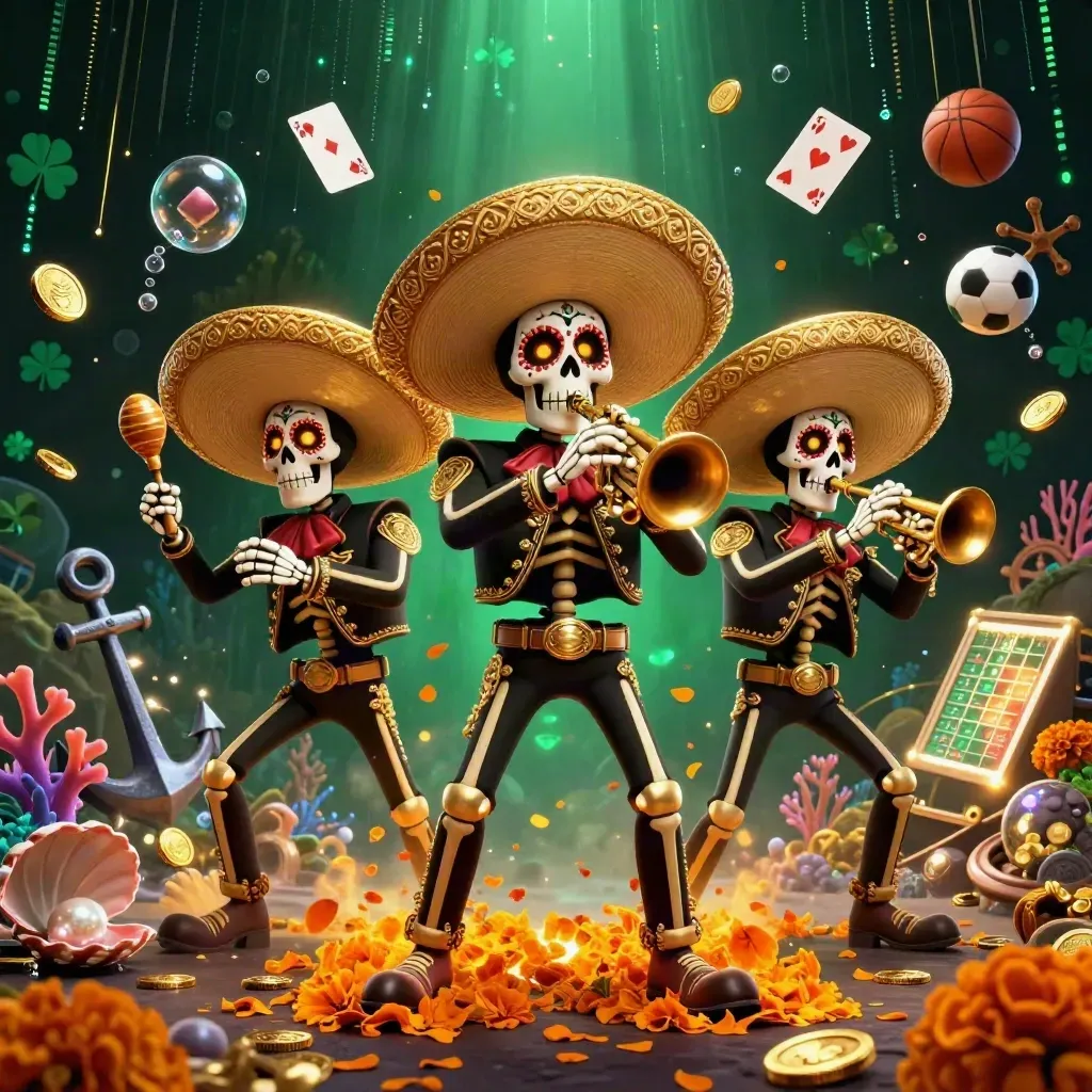 Skeleton mariachi trio amid coins, coral, cards, and neon casino energy.