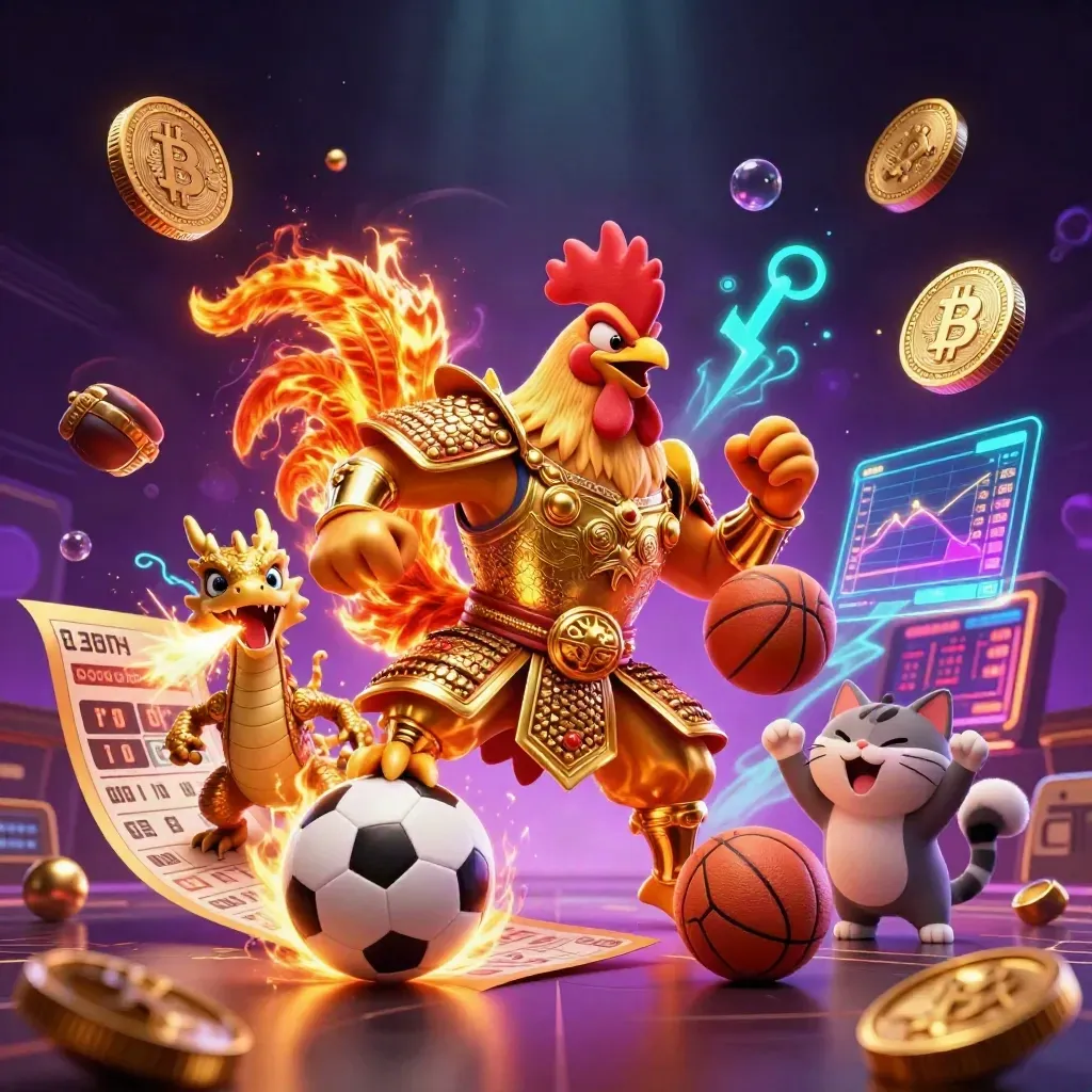 Rooster warrior, dragon hatchling, and fortune-cat amid neon sports energy, coins, and glowing effects.