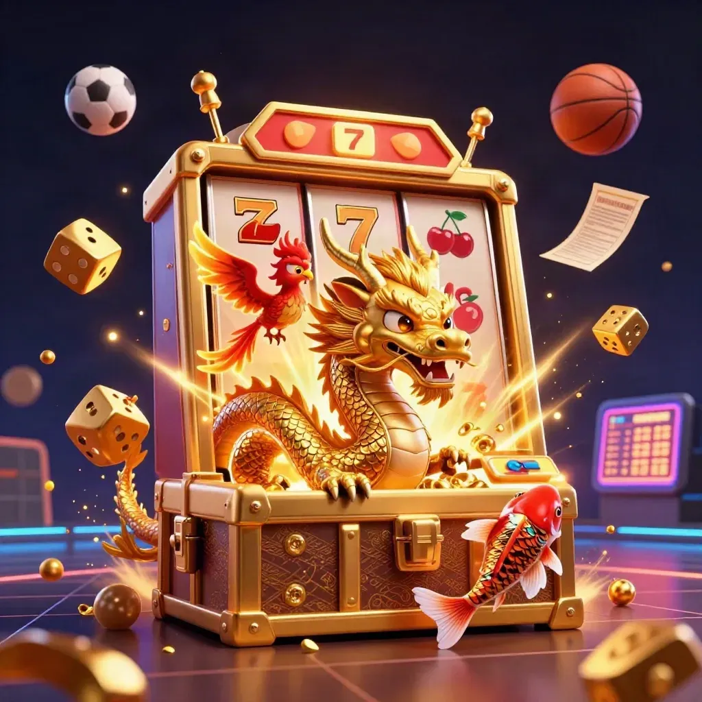 Golden dragon and phoenix erupt with slot symbols, coins, soccer ball and basketball in neon casino light.