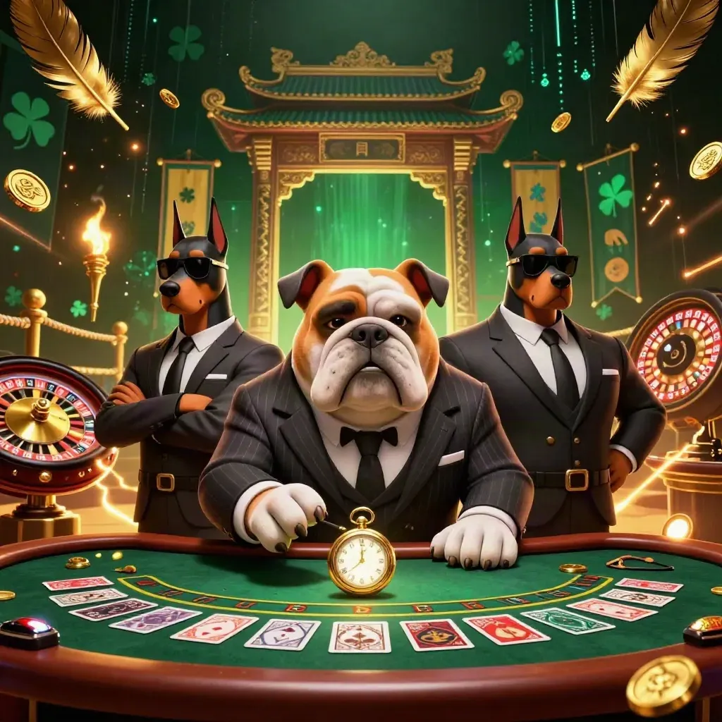 Bulldog boss with two Dobermans in a luxe casino scene with neon effects