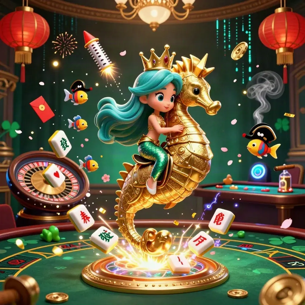 Mermaid princess rides armored seahorse amid casino lights, jade coins, lanterns, and neon energy.