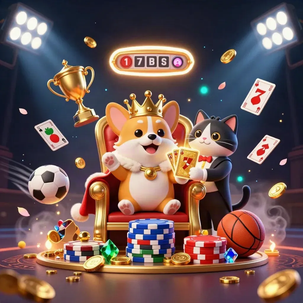 Royal corgi and cat butler casino key art with crown, coins, sports balls, and glowing lights.