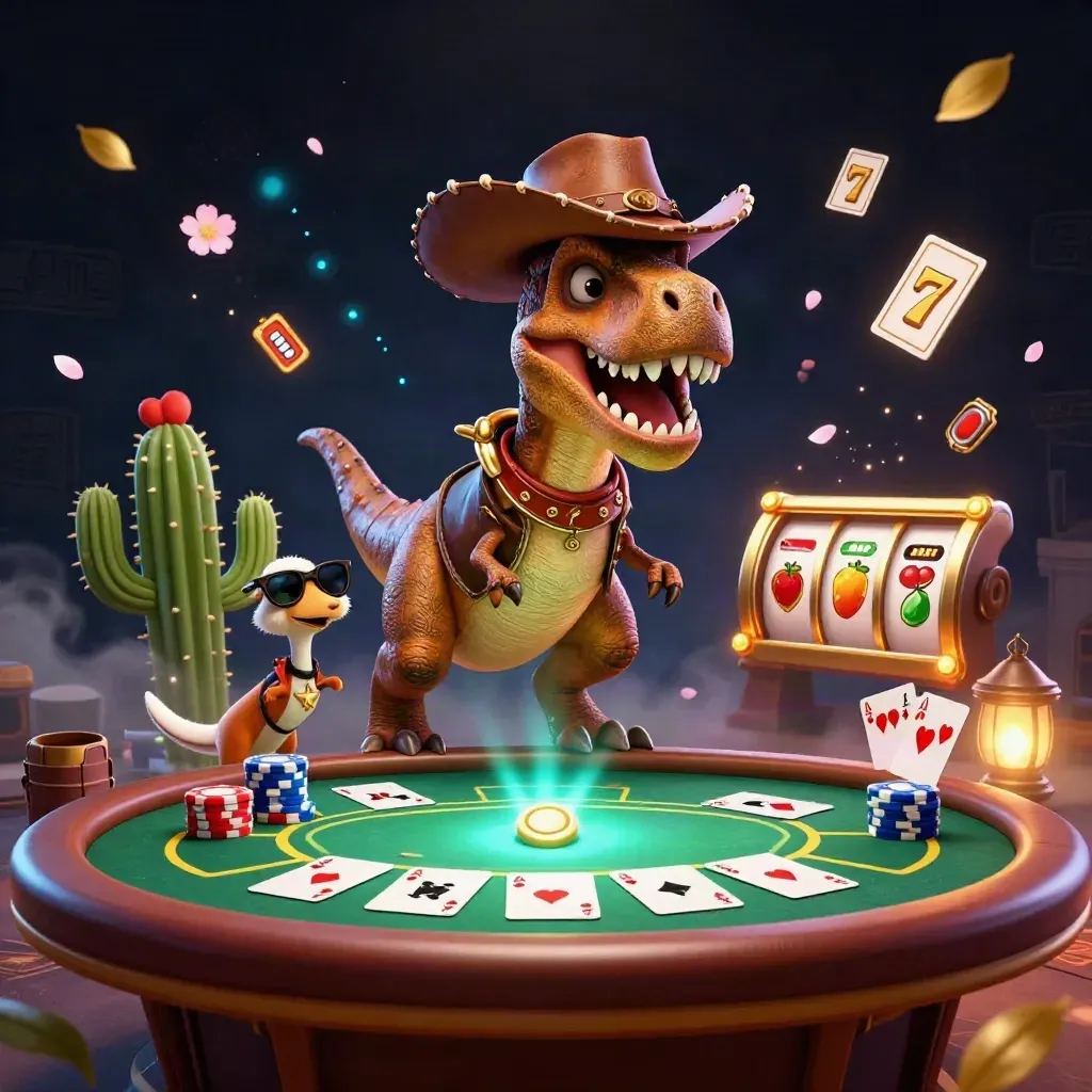 Cowboy T-Rex, cactus and roadrunner burst around a glowing casino poker table in a luxe neon scene.