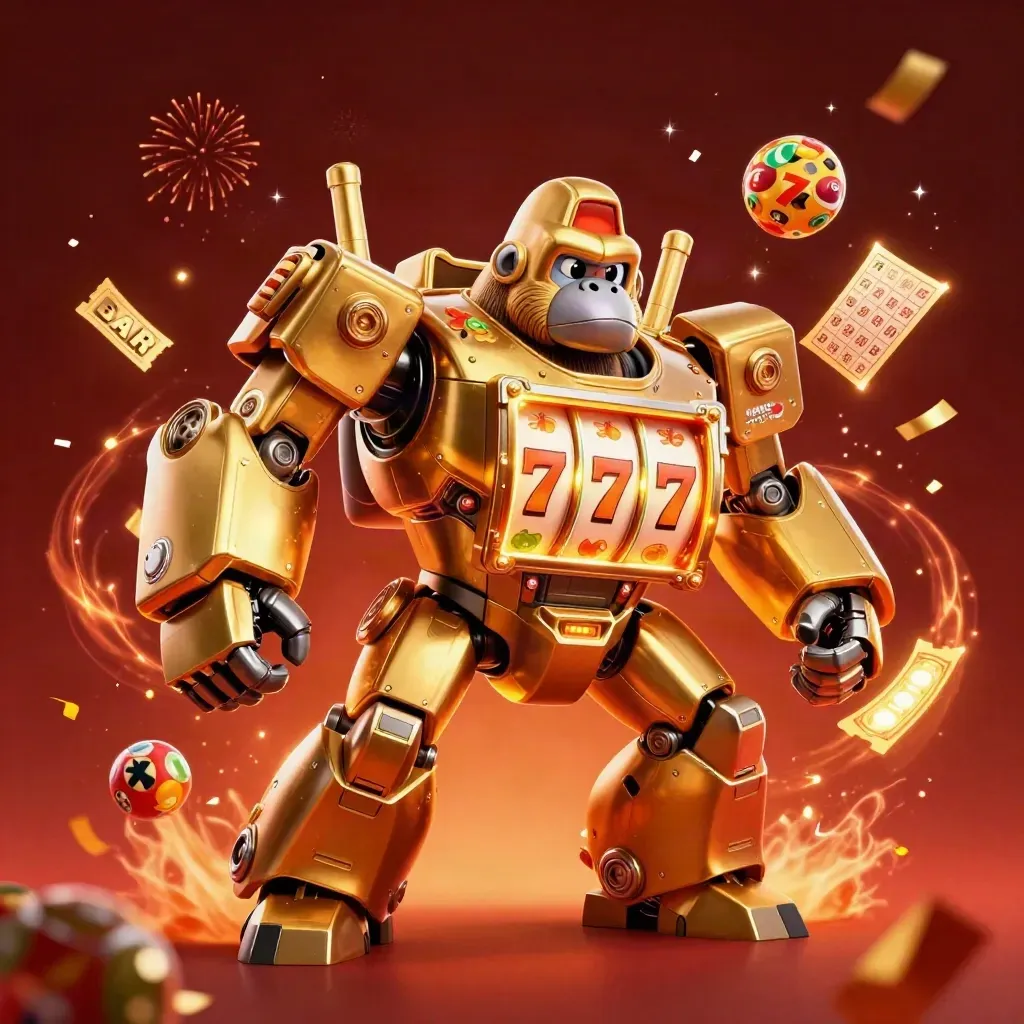 Golden gorilla mech with tiny monkey pilot exploding with casino props and glowing effects.